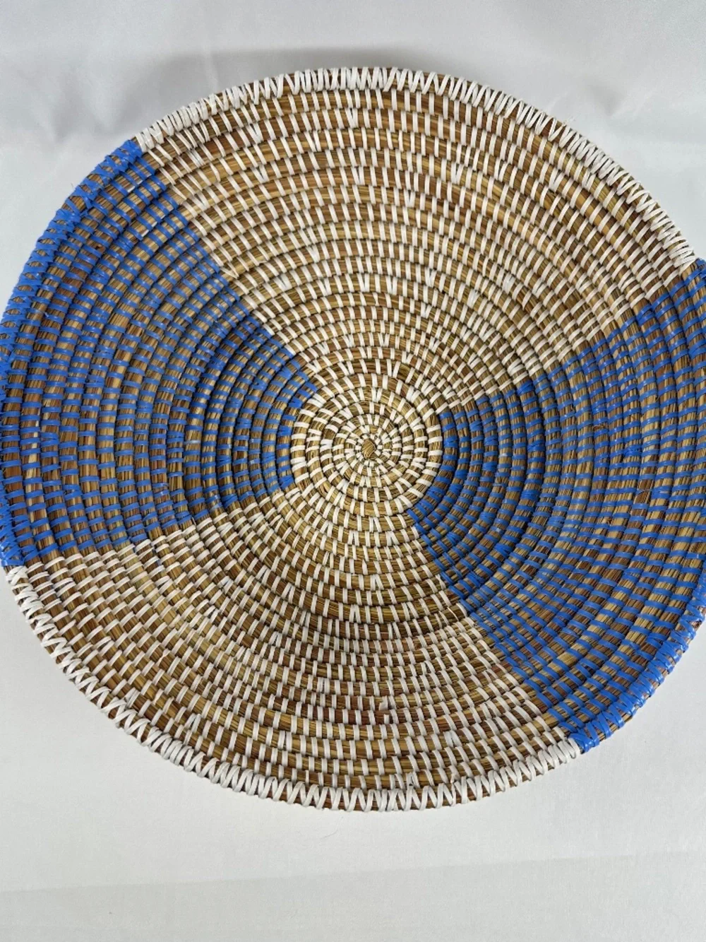 Straw & Plastic Weaved Decorative Basket/Bowl, Blue, White and Tan, Lightweight